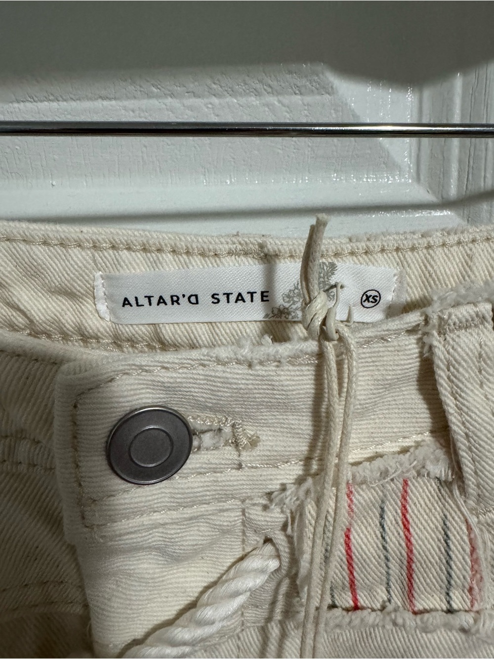 Altar'd State Cream Distressed Patchwork Jean Shorts with Rope Tie - Picture 3 of 8